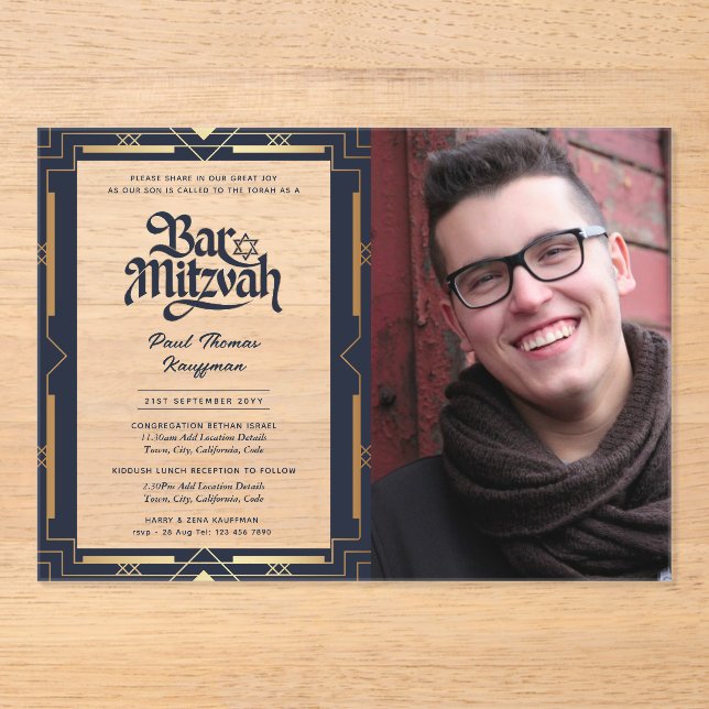 ACRYLIC BAR MITZVAH Photo Blue Gold Elegant Invitations (Front)