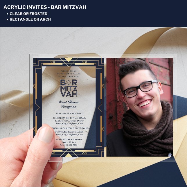 ACRYLIC BAR MITZVAH Photo Navy Gold Elegant Modern Acrylic Invitations (Creator Uploaded)