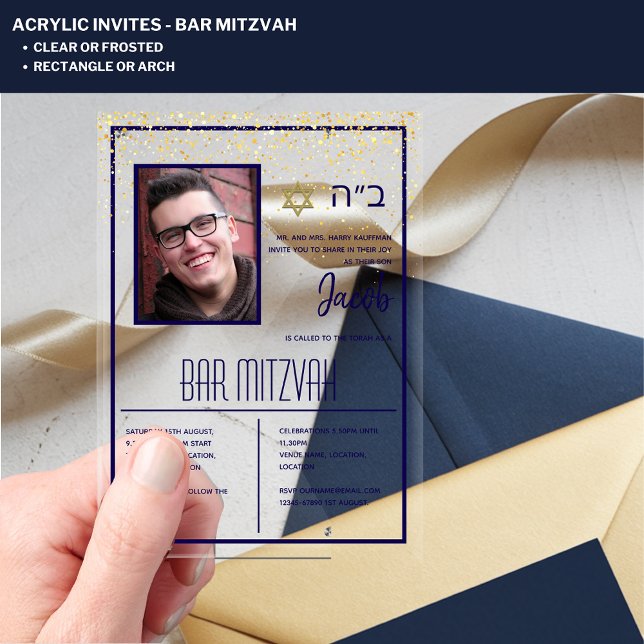 ACRYLIC BAR MITZVAH Photo Navy Gold Modern Elegant Invitations (Creator Uploaded)