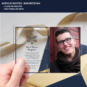 ACRYLIC BAR MITZVAH Photo Navy Gold Star David Invitations