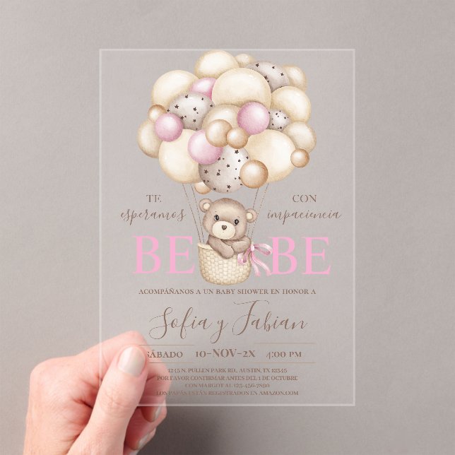 Acrylic Bear Balloons Baby Shower Girl Spanish Acrylic Invitations (Insitu (Handheld))