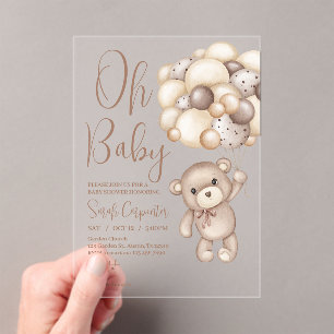 acrylic bear with balloons baby shower invitations