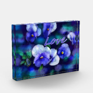 Acrylic Block Art Blue Pansies 'Love' Floral