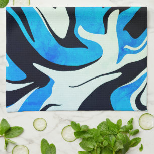 Acrylic Blue Black Liquid Abstract Pattern Tea Towel