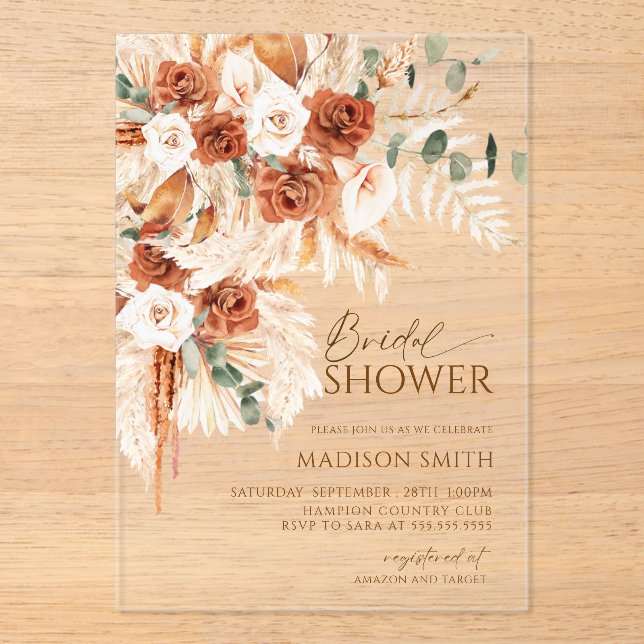 Acrylic Boho Floral Pampas Bridal Shower  Acrylic Invitations (Front)