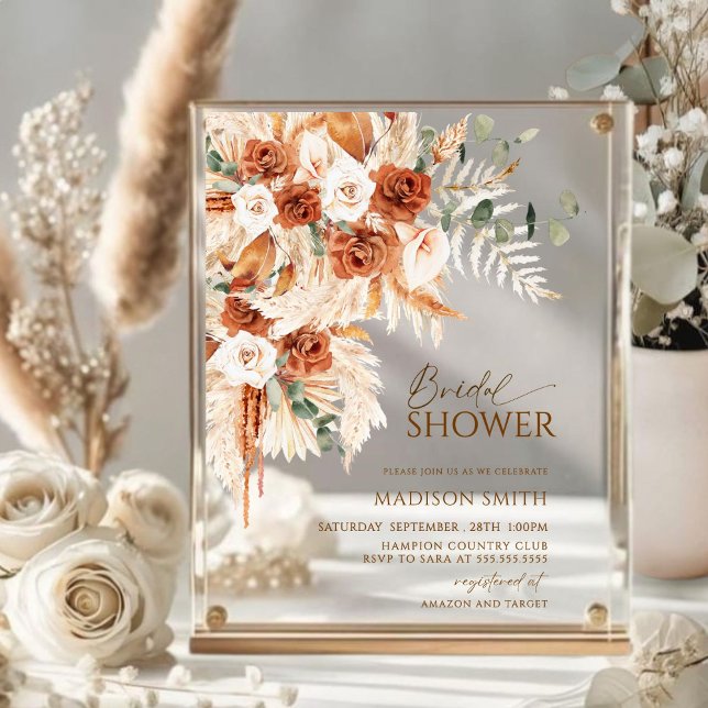 Acrylic Boho Floral Pampas Bridal Shower  Acrylic Invitations (Creator Uploaded)