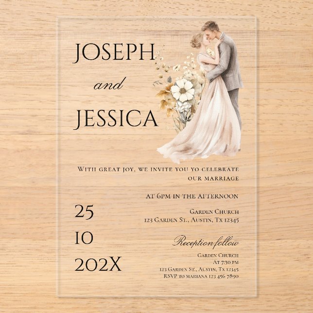 Acrylic Boho Wedding Silhouette of Bride and Groom Invitations (Front)