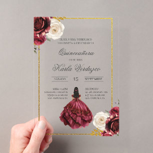 Acrylic burgundy quinceañera invitations