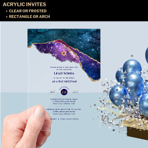 Acrylic Clear BAR MITZVAH Galaxy Starry Night Blue Invitations