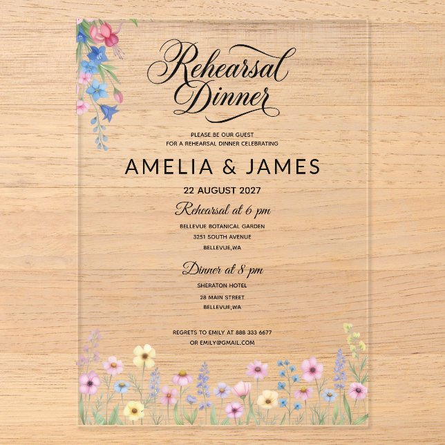 Acrylic Colourful wildflower  rehearsal dinner Invitations (Front)