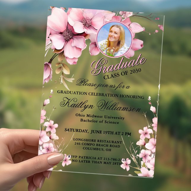 Acrylic Elegant Floral Pink Photo Graduation Party Acrylic Invitations (Creator Uploaded)