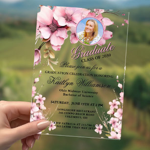 Acrylic Elegant Floral Pink Photo Graduation Party Invitations
