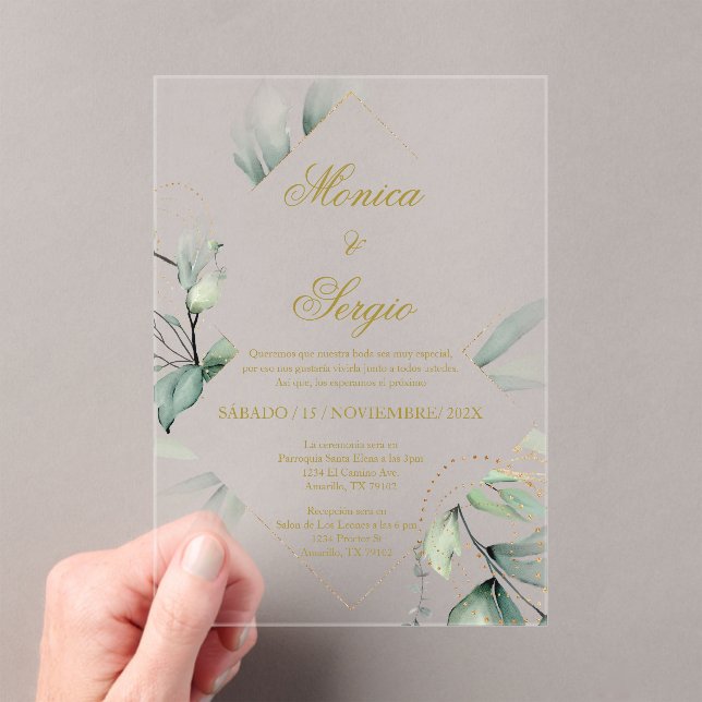 Acrylic Elegant Greenery Wedding Spanish  Invitations (Insitu (Handheld))