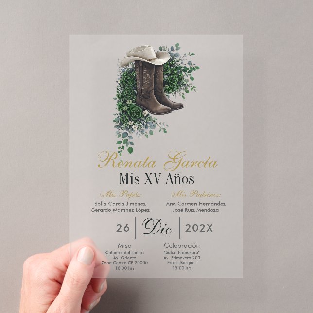 Acrylic Emerald floral boot Quinceañera Invitation (Insitu (Handheld))