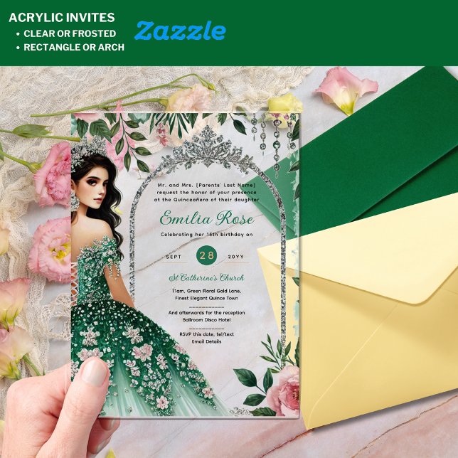 ACRYLIC Emerald Green Silver Quince Dress Flowers Acrylic Invitations (Creator Uploaded)