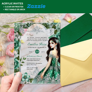 ACRYLIC Emerald Green Silver Quince Dress Flowers Invitations