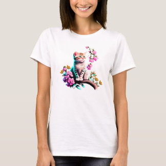 Acrylic Flower Cat Cute T-Shirt