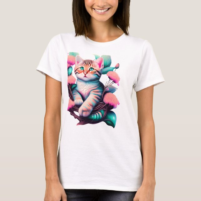 Acrylic Flower Cat Cute T-Shirt (Front)