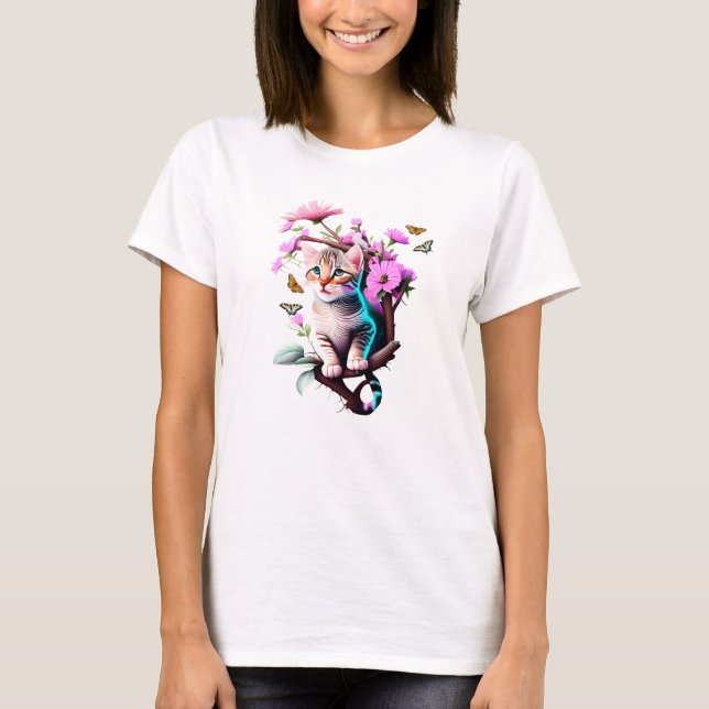 Acrylic Flower Cute Cat T-Shirt (Front)