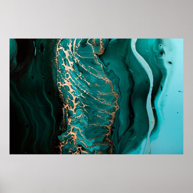 Acrylic Fluid Art. Dark green waves in abstract oc Poster (Front)