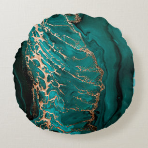 Acrylic Fluid Art. Dark green waves in abstract oc Round Cushion