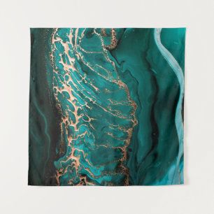 Acrylic Fluid Art. Dark green waves in abstract oc Tapestry