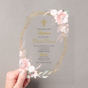 Acrylic Gold frame pink blush floral baptism Invitations