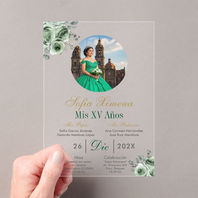 Acrylic Green elegant dress Quinceañera Invitation (Insitu (Handheld))