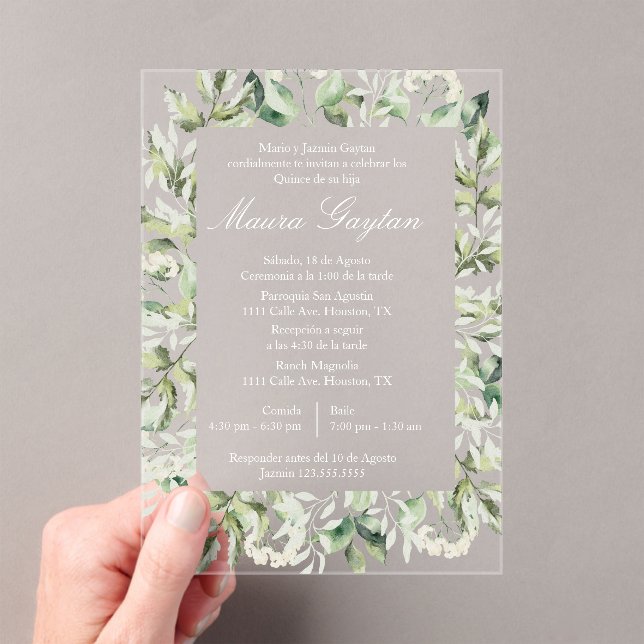 Acrylic greenery background quinceanera invitations (Insitu (Handheld))