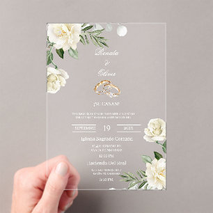 Acrylic greenery white rose wedding invitations