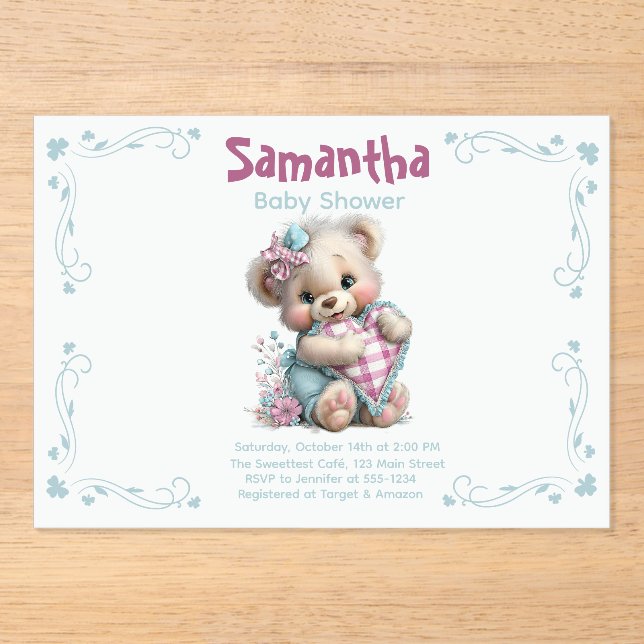 Acrylic Invitation Teddy Bear Baby Shower  (Front)