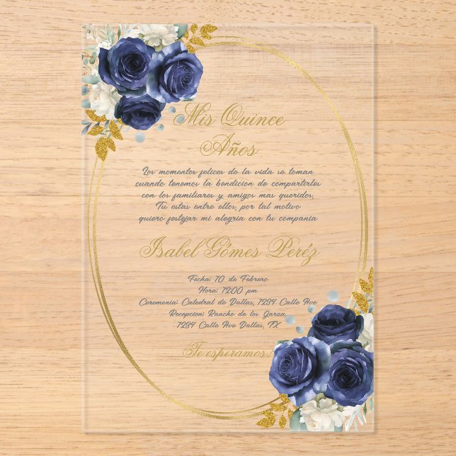 Acrylic Navy blue Spanish  Quinceanera  Acrylic Invitations (Front)