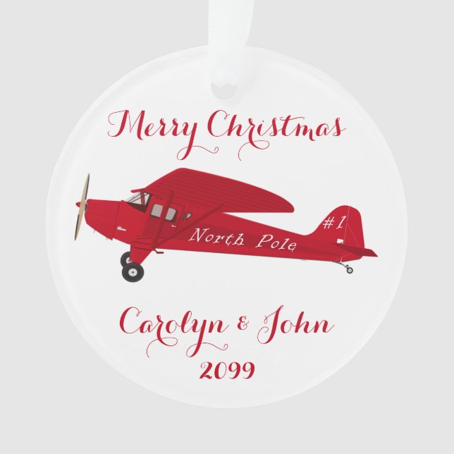 Acrylic North Pole Aeroplane Christmas Ornament (Front)