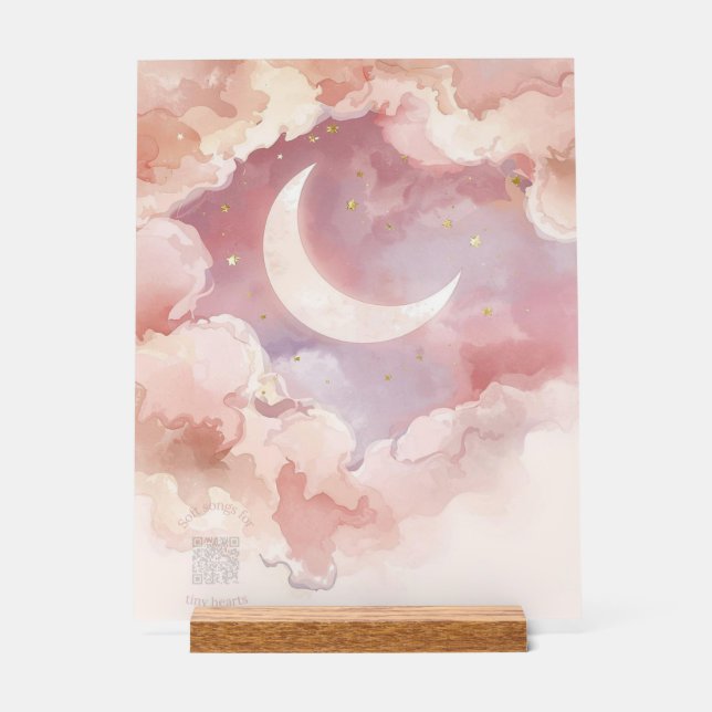 Acrylic Nursery Sign Pink Cloud & Moon Watercolor (Front)