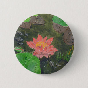 Acrylic on canvas, pink water lily flower 6 cm round badge