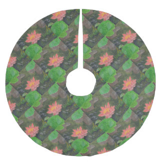 Acrylic on canvas, pink water lily flower brushed polyester tree skirt