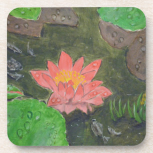 Acrylic on canvas, pink water lily flower coaster