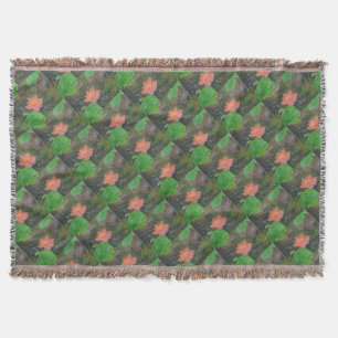 Acrylic on canvas, pink waterlily and green leaves throw blanket