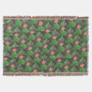 Acrylic on canvas, pink waterlily and green leaves throw blanket