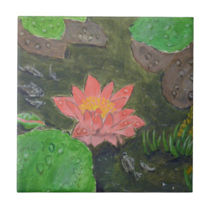 Acrylic on canvas, pink waterlily and green leaves tile