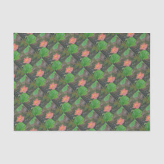 Acrylic on canvas, pink waterlily and green leaves tissue paper
