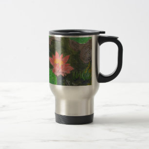 Acrylic on canvas, pink waterlily and green leaves travel mug