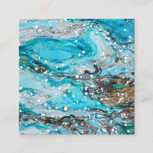 Acrylic Paint Pour Style Ocean Scene  Square Business Card (Front)