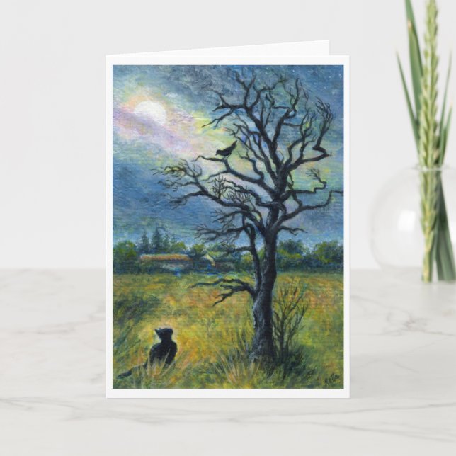 Acrylic painting, Cat, Bird, Moon & Tree Landscape Card (Front)