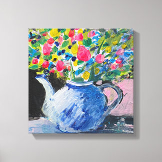 Acrylic painting, colourful  flowers in the teapot canvas print