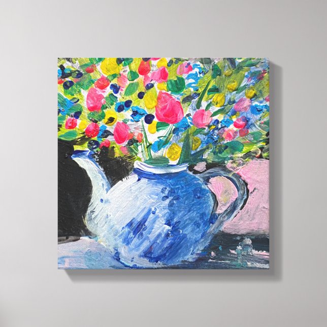 Acrylic painting, colourful  flowers in the teapot canvas print (Front)