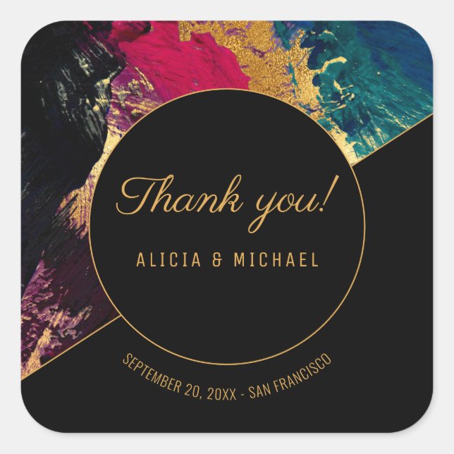Acrylic painting gold and black wedding thank you square sticker (Front)