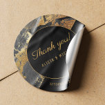 Acrylic painting gold and black wedding thank you square sticker<br><div class="desc">Chic sophisticated acrylic painting wedding thank you custom sticker / label / seal in dark grey charcoal, yellow, faux gold glitter and black colour palette with marble like abstract brushstrokes and faux gold modern contemporary fully editable typography script against a black geometric shape. Personalise it with bride and groom names...</div>