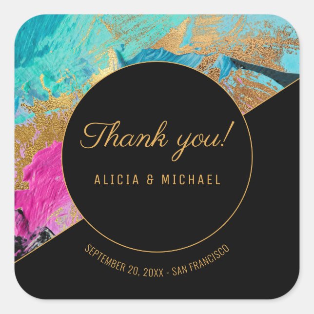 Acrylic painting gold and black wedding thank you square sticker (Front)