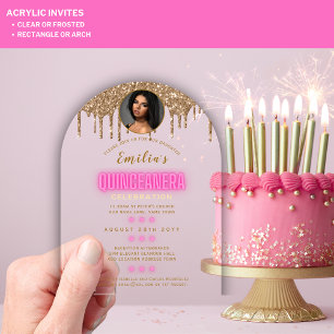 ACRYLIC PHOTO Quinceanera Hot Pink Gold Quince Invitations